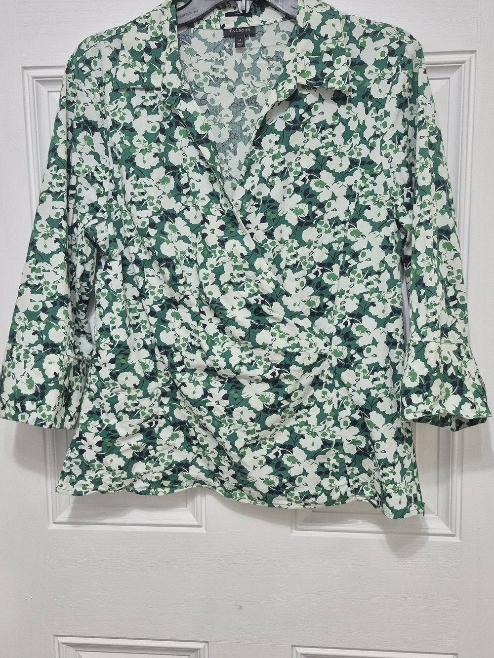 Talbots Green Floral Faux Wrap Blouse Sz. 14